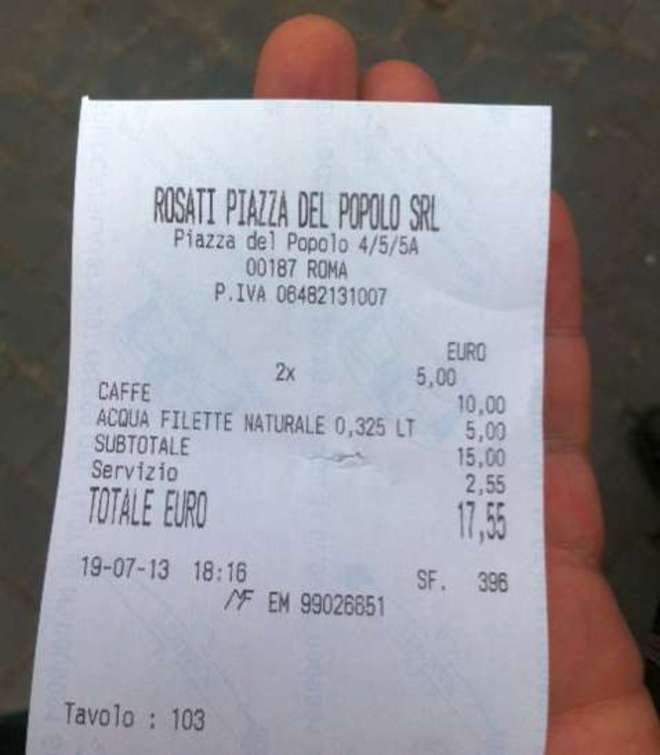 ROMA, DUE CAFFE' E UN'ACQUA COSTANO 17 EURO: LA DENUNCIA - 20/07/2013